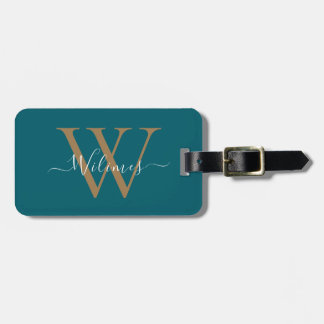 Dark Teal Gold Monogram Script Name Stylish Luggage Tag