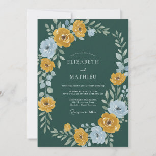 Dark Teal Gold Ranunculus Eucalyptus Wedding Invitation