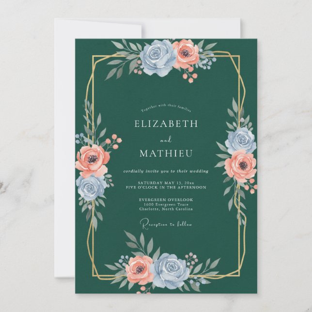 Dark Teal Gold Ranunculus Grey Eucalyptus Wedding Invitation (Front)