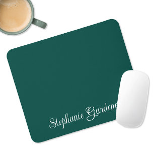 Dark Teal Green and White Curly Calligraphy Mouse Pad