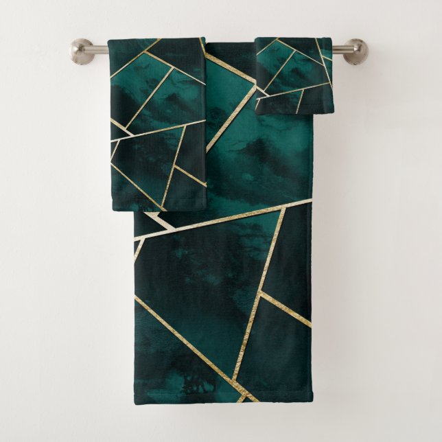 Dark Teal Ink Gold Geometric Glam #1 Bath Towel Set (Insitu)