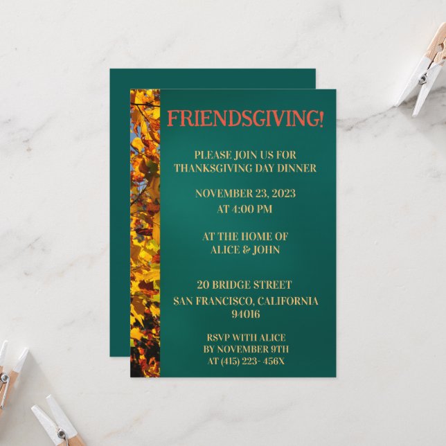 Dark Teal  Leaves Thanksgiving Friends Giving Invitation (Front/Back In Situ)