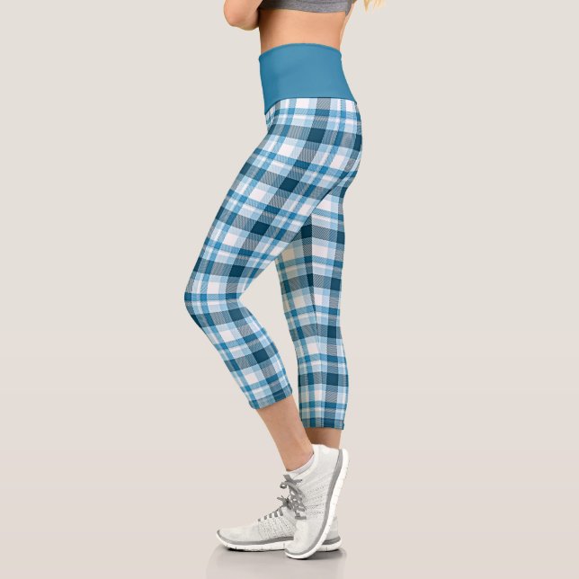 Dark Teal Light Blue White Plaid Tartan Check Capri Leggings (Left)
