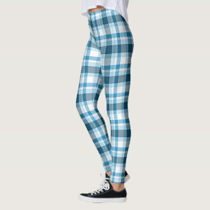 Dark Teal Light Blue White Plaid Tartan Check Leggings