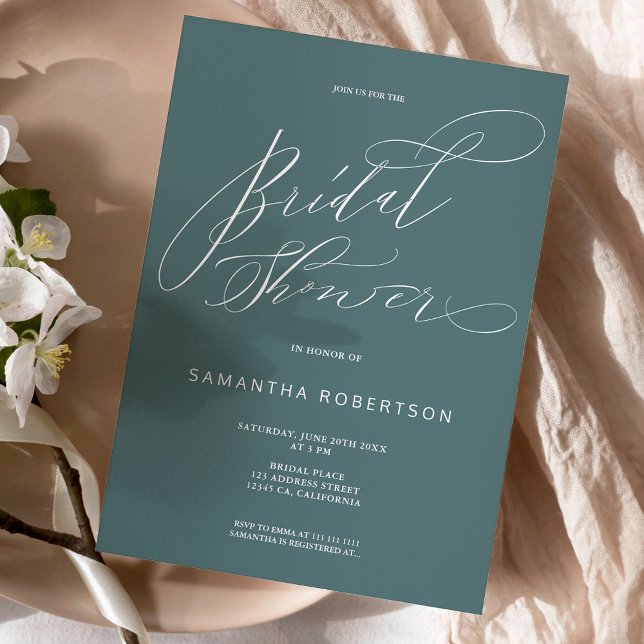 Dark teal minimalist calligraphy bridal shower invitation (Creator Uploaded)
