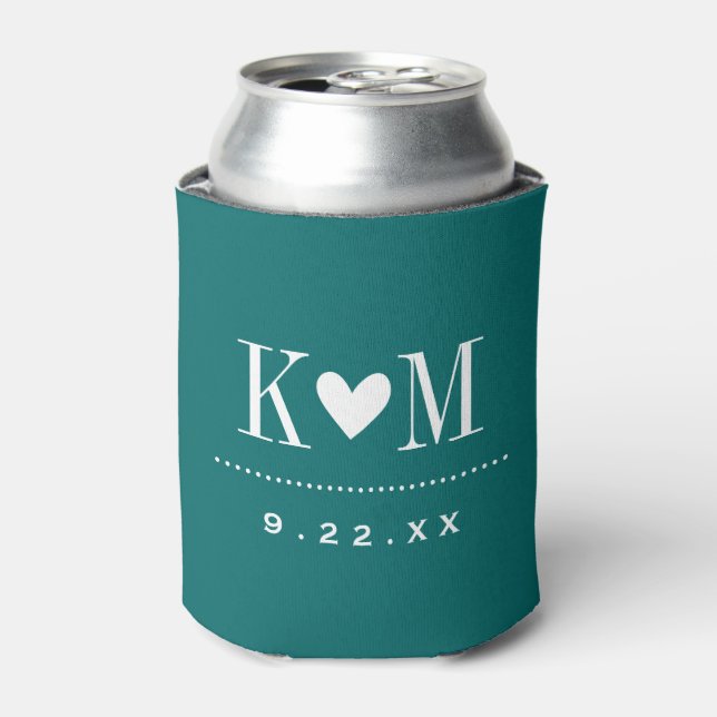 Dark Teal Modern Wedding Monogram Can Cooler (Can Front)