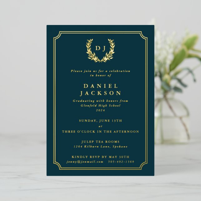Dark Teal Monogram + Laurel Wreath Graduation (Standing Front)