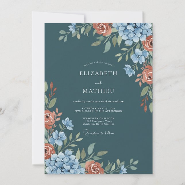 Dark Teal Moody Autumnal Wedding Invitation (Front)