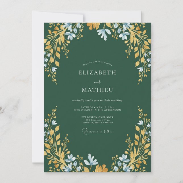 Dark Teal Ochre Leafy Wedding Invitation (Front)