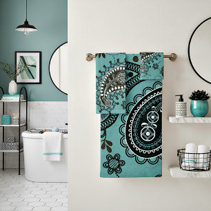 Dark teal paisley bath towel set