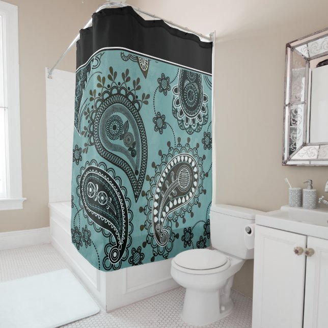 Dark teal paisley shower curtain (In Situ)