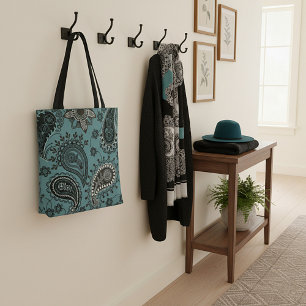 Dark teal paisley tote bag