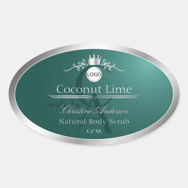 Dark Teal Product Label Silver Frame Logo Monogram (Front)