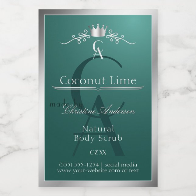 Dark Teal Product Label with Silver Frame Monogram (Single Label)