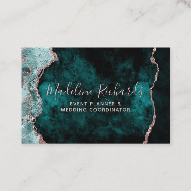 Dark Teal & Rose Gold Watercolor Marble Agate Business Card (Front)