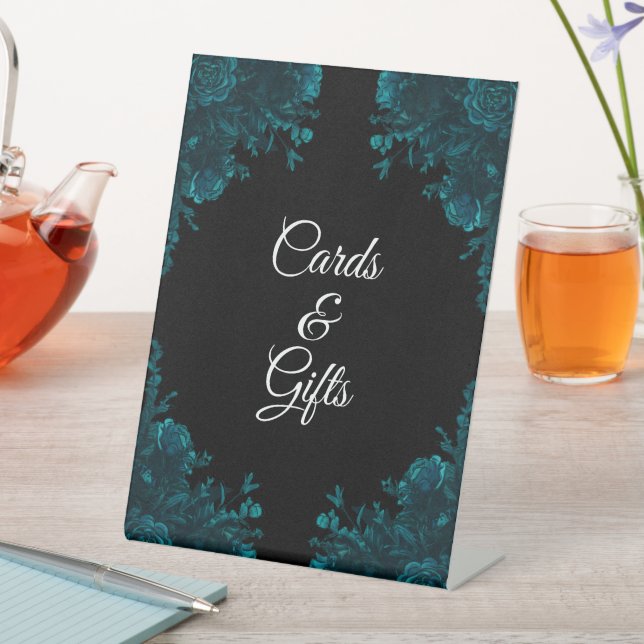 Dark Teal Roses Wedding Cards Gift Sign (In SItu)