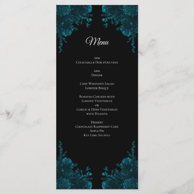 Dark Teal Roses Wedding Menu (Front)