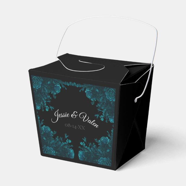 Dark Teal Roses Wedding TakeOut Favour Box (Front Side)