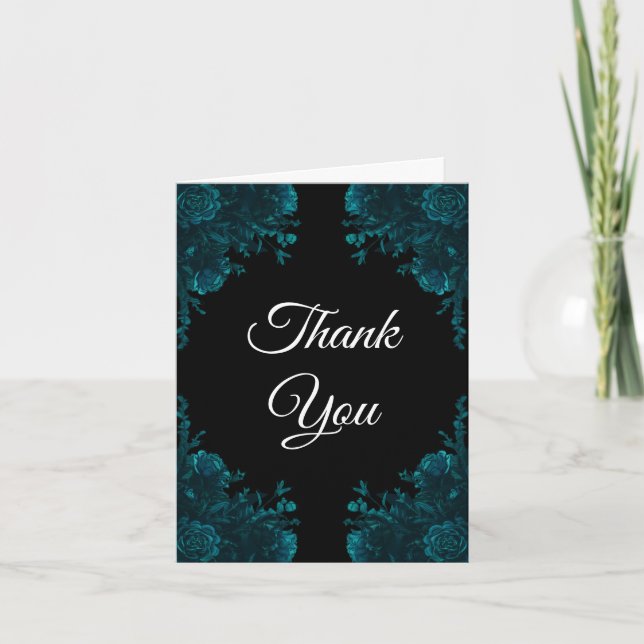 Dark Teal Roses Wedding Thank You Card (Front)