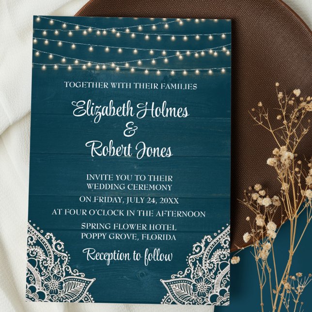 Dark Teal Rustic Elegance Wedding Invitation (Dark Teal Wooden  String Lights and Lace Wedding Invitation on brown plate with dry wildflowers)