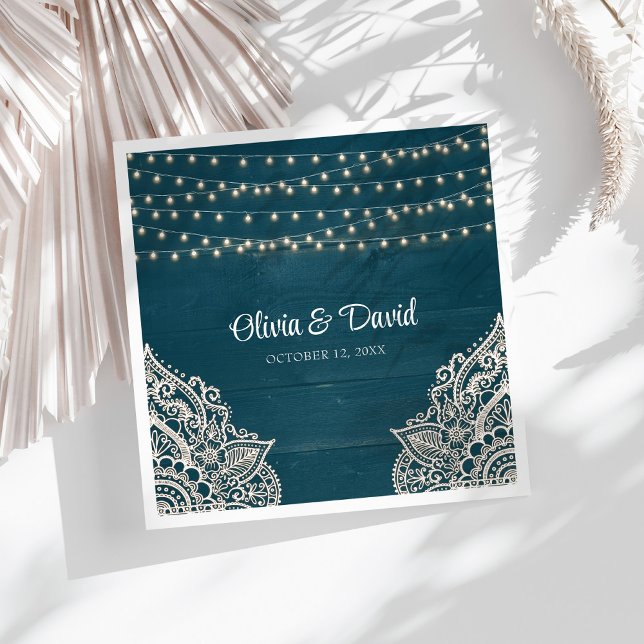 Dark Teal Rustic Elegance Wedding Napkins (Dark Teal Rustic Elegance Wedding Napkins on a sunny white table.)