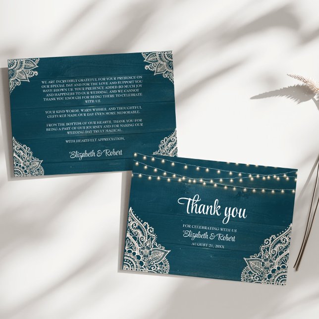 Dark Teal Rustic Elegance Wedding Thank You Card (Dark Teal Rustic Elegance Wedding Thank You Card on a sunny white table.)