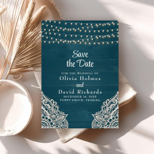 Dark Teal Rustic String Light Save the Date Card