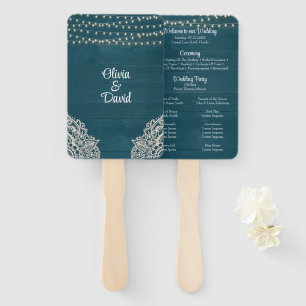 Dark Teal Rustic Wood String Light Wedding Program Hand Fan