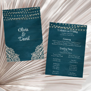 Dark Teal Rustic Wood String Light Wedding Program Programme