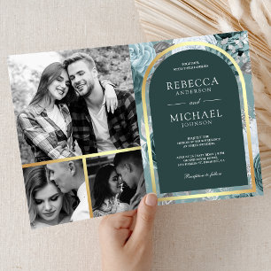 Dark Teal Seafoam Floral Arch QR Code Wedding Invitation