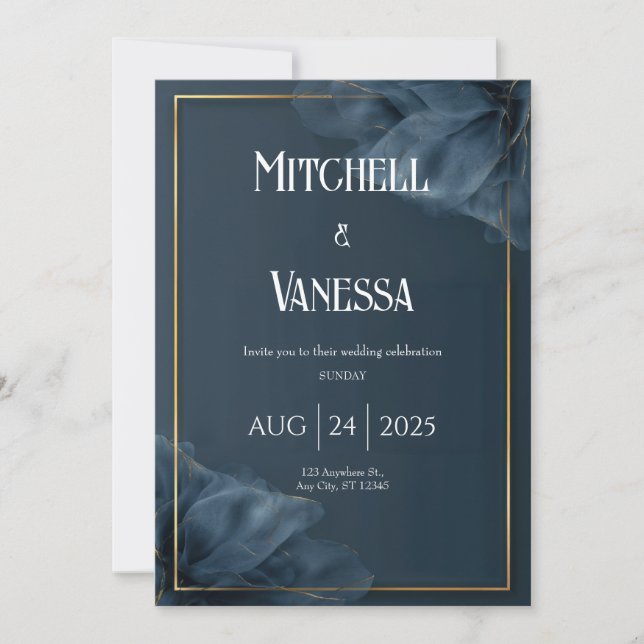 Dark Teal Sheer Floral Wedding Invitation (Front)