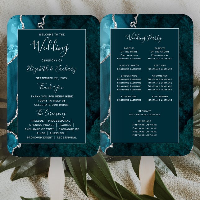 Dark Teal Silver Agate Wedding Program Hand Fan (Creator Uploaded)