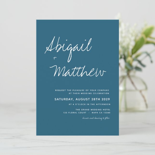 Dark Teal Simple Handwriting Boho Wedding Invitation (Standing Front)