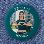Dark Teal Sweet 16 Birthday Circle Photo 6 Cm Round Badge<br><div class="desc">Create your own personalised white border photo round button for your her 16th birthday. Customise the solid teal background colour or the black text colour to match your photo. If you change the font type or size, you can fine tune the curvature of the text in small increments. Have fun...</div>