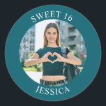 Dark Teal Sweet 16 Birthday Photo Classic Round Sticker<br><div class="desc">Create your own personalised dark teal border photo round envelope seals for your her 16th birthday. Customise the solid white background colour or the text colour to match your photo. If you change the font type or size, you can fine tune the curvature of the text in small increments. Have...</div>