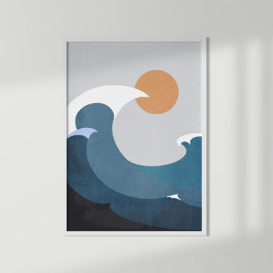 Dark Teal Terracotta Abstract Ocean Waves Poster