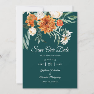 Dark Teal Terracotta Autumn Floral Photo Wedding Save The Date