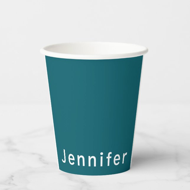 Dark Teal Trendy Modern Minimalist Your Name Paper Cups (Front)