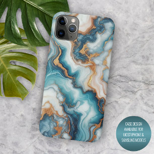 Dark Teal Turquoise Blue Gold Marble Art Pattern iPhone 16 Pro Max Case
