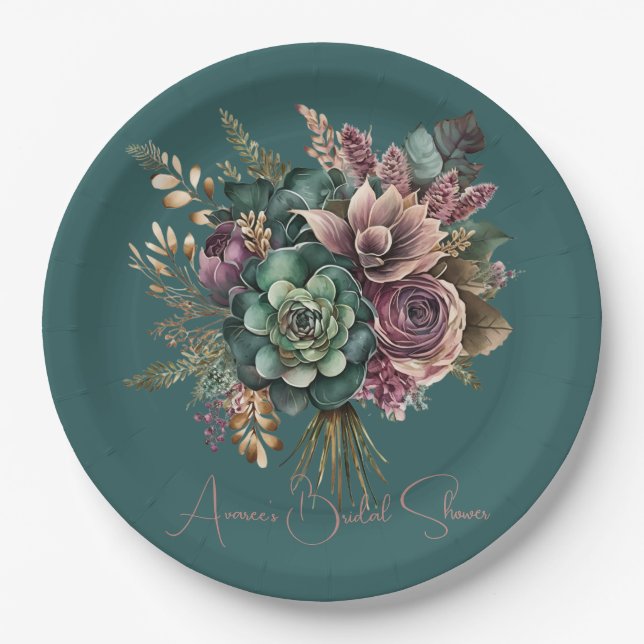 Dark Teal Turquoise Burgundy Floral Bouquet Shower Paper Plate (Front)