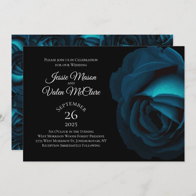 Dark Teal Turquoise Rose Gothic Elegant Wedding Invitation (Front/Back)
