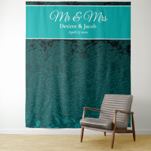 Dark Teal Turquoise White Wedding Photo Backdrop Tapestry