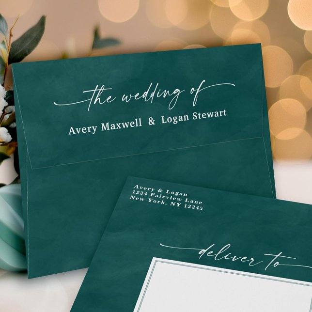 Dark Teal Watercolor A7 5x7 Wedding Invitation Envelope (Teal wedding invitation envelope with personalized script design.)