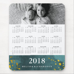 Dark Teal Watercolor and Gold 2018 Calendar Photo Mouse Pad