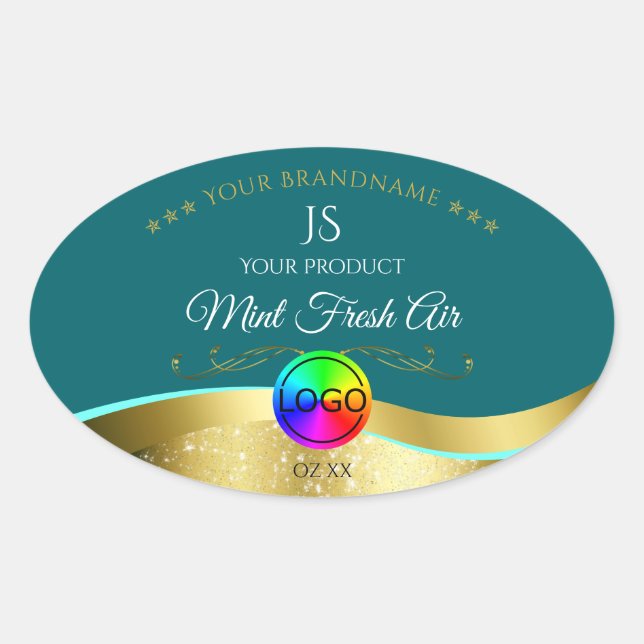 Dark Teal Wavy Gold Logo Monogram Product Label (Front)