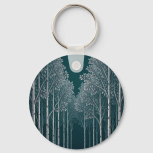 Dark Teal White Birch Forest Trees Key Ring