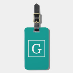 Dark Teal White Framed Initial Monogram Luggage Tag