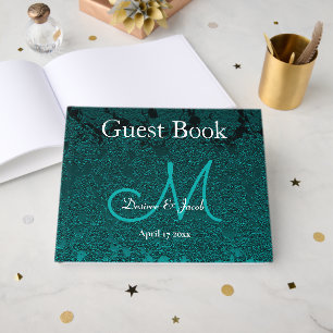Dark Teal White Turquoise Elegant Wedding Monogram Guest Book