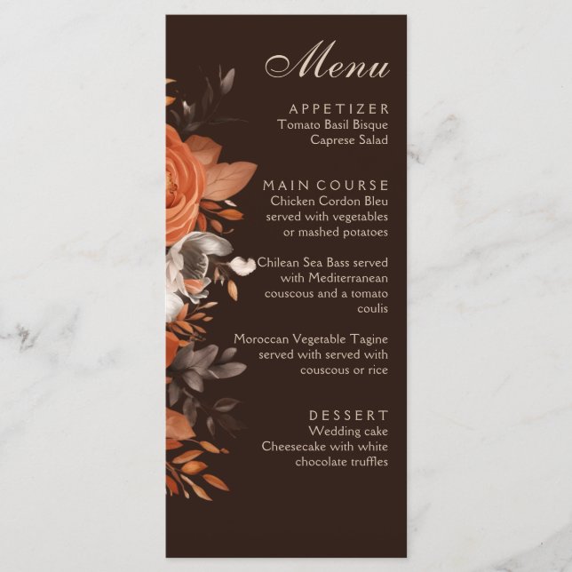Dark Terracotta and Burnt Orange Wedding  Menu (Front)