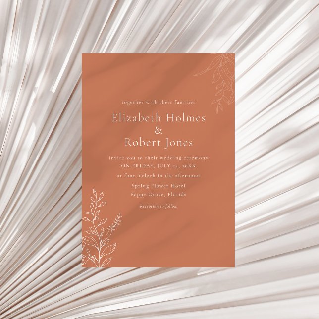 Dark Terracotta Botanical Wedding Invitation (Dark Terracotta Botanical Wedding Invitation on a neutral dry palm leaf.)